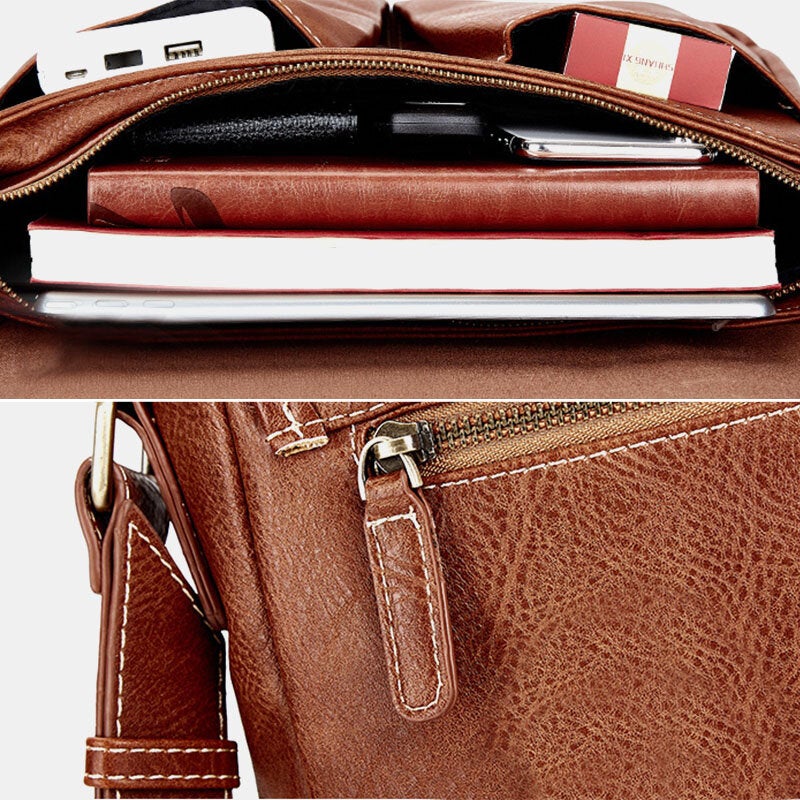 Men's Vintage PU Leather Waterproof Crossbody Bag, Multi-pocket, Large Capacity Shoulder Bag