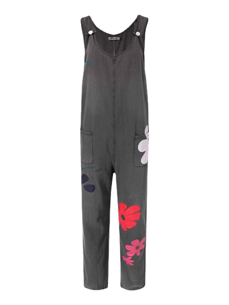 Colorful Calico Print Pocket Casual Jumpsuit For Women