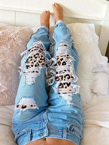 Women Ripped Leopard Frayed Distressed Rigid Mid Waist Casual Jeans