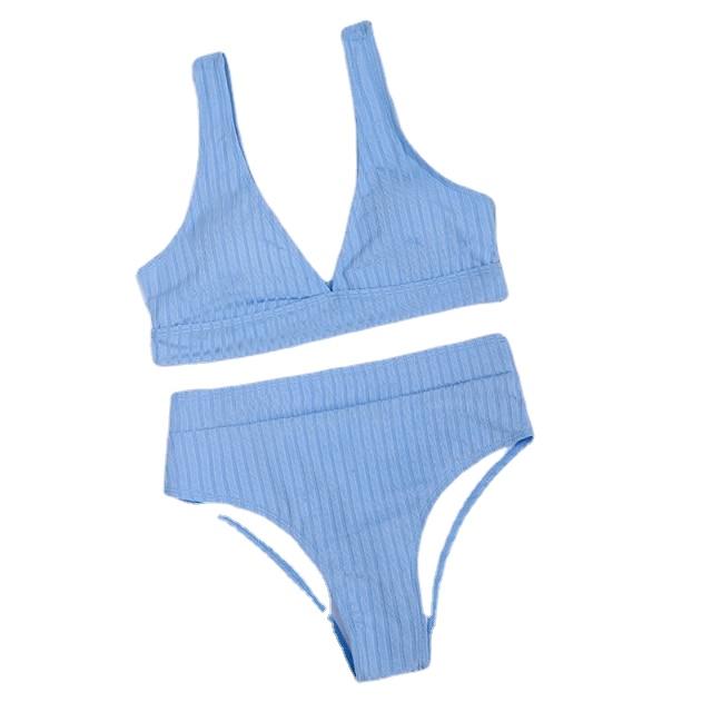 Stylish Spice Girls' Solid Ribbed High Waist V-neck Swimsuit