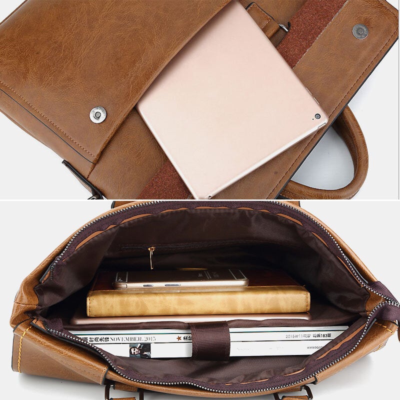 Men's Vintage Leather Anti-theft Waterproof 14" Laptop Briefcase Crossbody Bag
