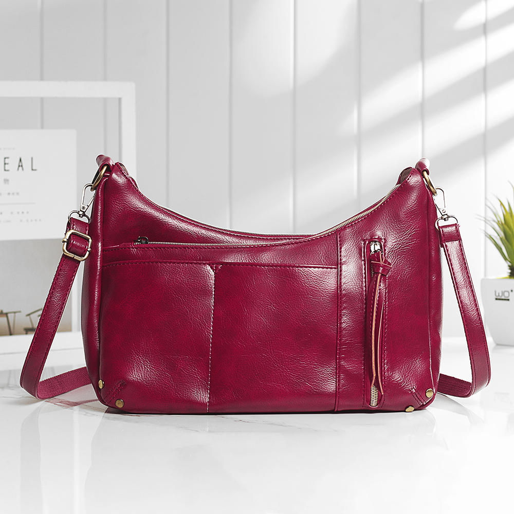 Women Multi-pockets Solid Wax Oil Skin Faux Leather Shoulder Bag Crossbody