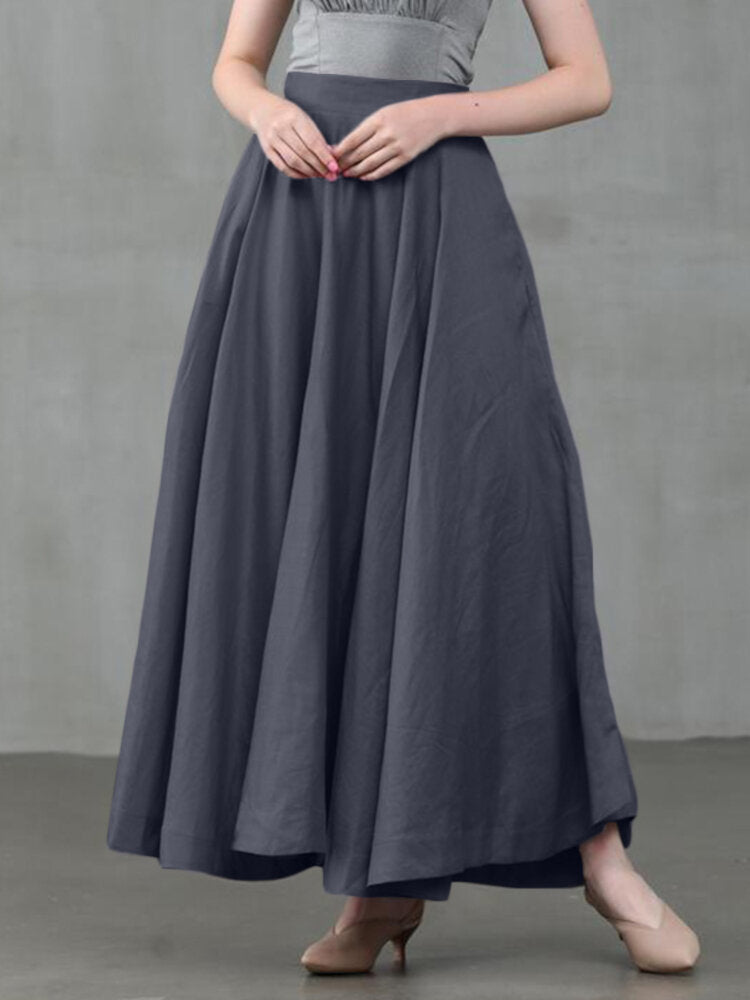 Women Solid Color Back Zip Pleated Casual Swing Skirts With Pocket