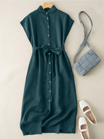 Solid Button Sash Lapel Short Sleeve Casual Cotton Shirt Dress