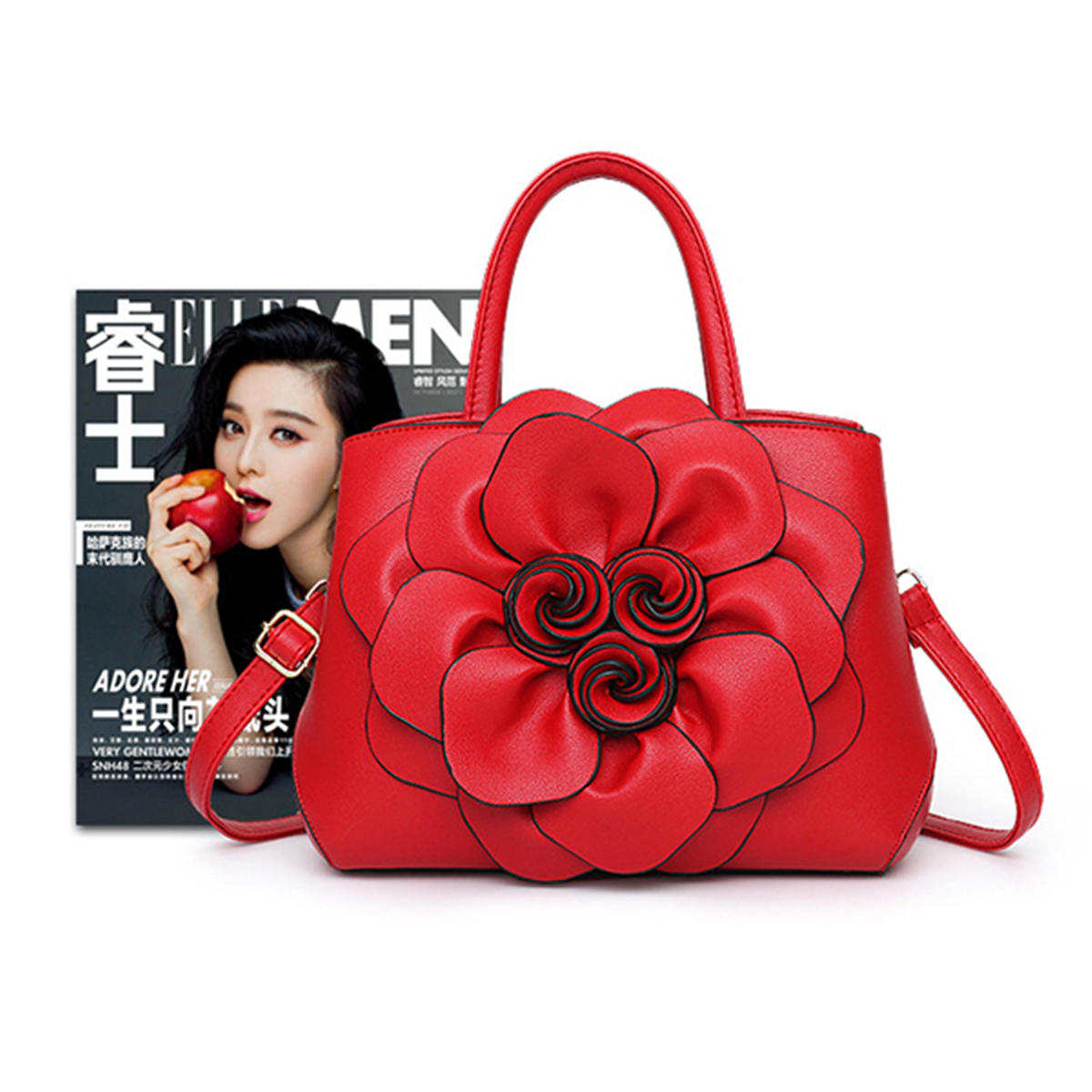 Women Lady Leather Elegant Handbag Flower Decoration Shoulder Evening Bag