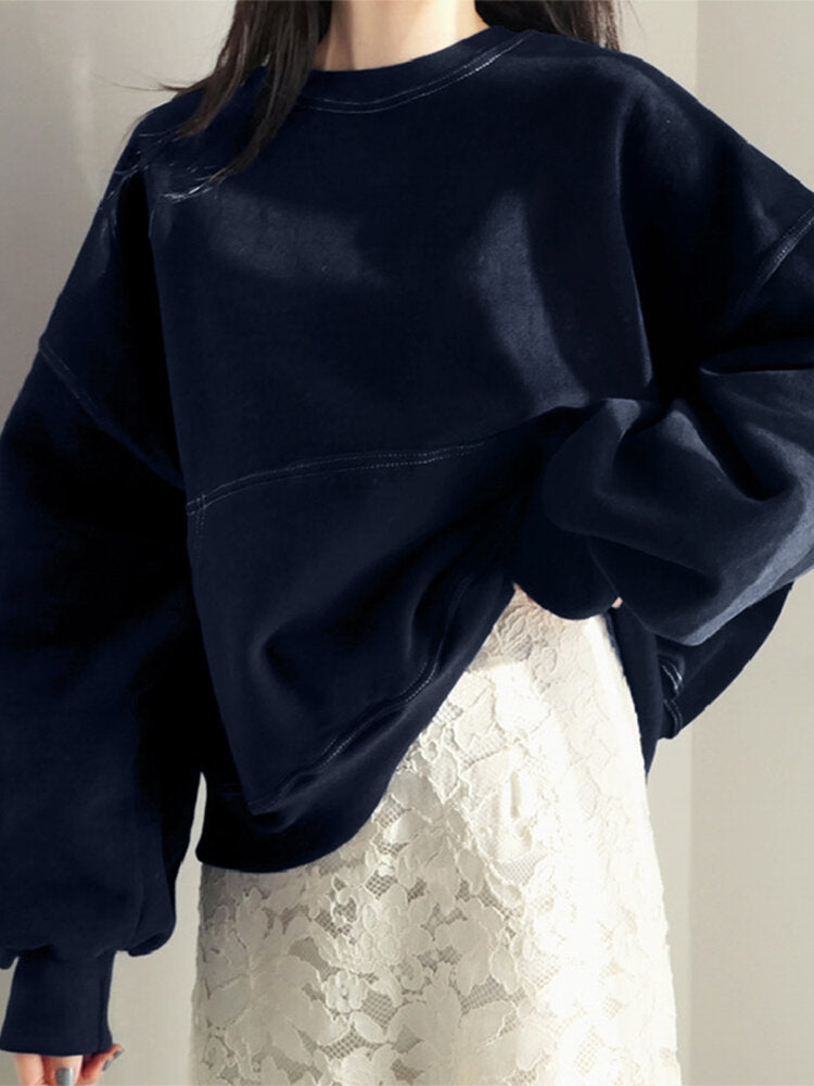 Women Solid Color Raglan Round Neck Kangaroo Pocket Long Sleeve Pullover Sweatshirt