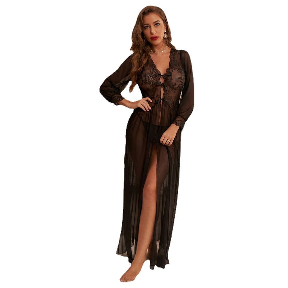 Black V-neck Lace up Patchwork Mesh Nightdress