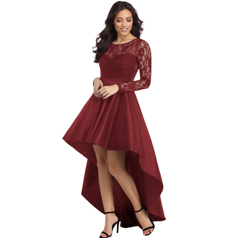 Long-sleeved satin Lace solid color asymmetric printed Dress