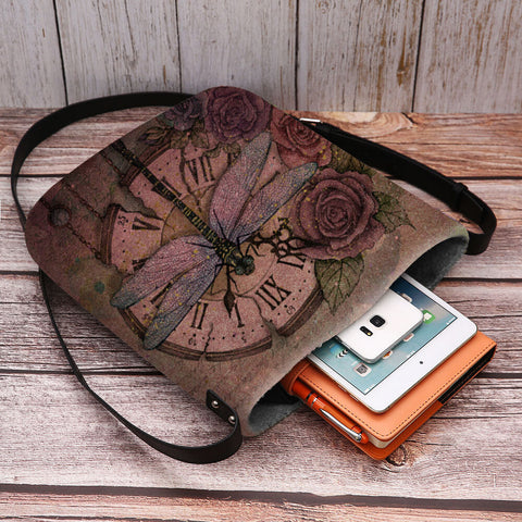 Women Felt Casual Vintage 3D Dragonfly Flower Printing Pattern Crossbody Bag Shoulder