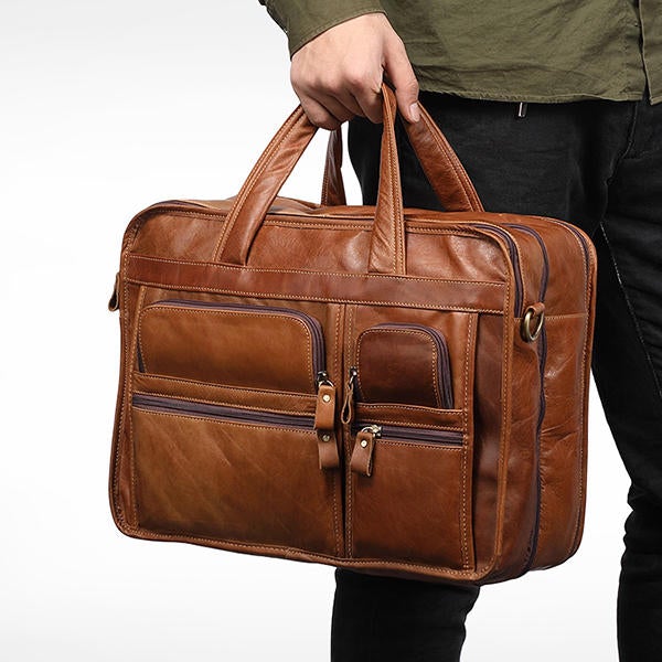 Men's Genuine Leather 13.3" Laptop Briefcase - Large Capacity Business Handbag