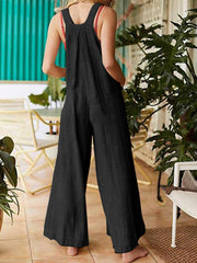 Solid Color Button Sleeveless Overalls Side Pocket Jumpsuit For Women
