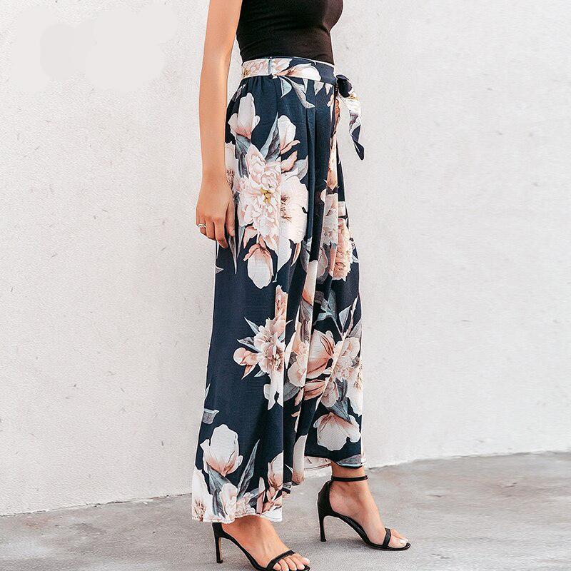 Sash Floral Print Wide Leg Elastic Loose Boho Casual Pants For Women