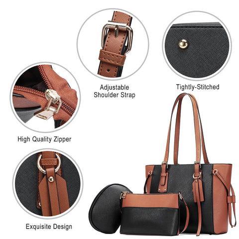 3 PCS PU Leather Vintage Color-match Large Capacity Clutch Bag Crossbody Shoulder Handbag