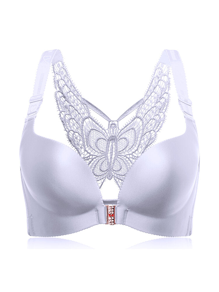 Front Closure Butterfly Embroidery Back Wireless Push Up Bra,Grey