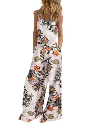 Women Sleeveless Floral Print Button Loose Cotton Vintage Jumpsuits With Side Pocket
