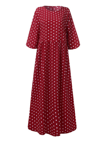 Women Loose O-neck Polka Dot 3/4 Sleeve Maxi Dress
