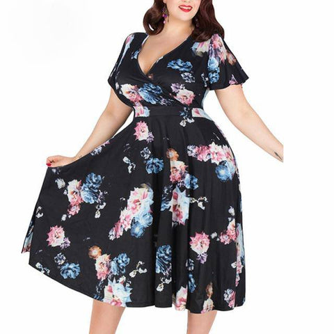 Vintage Women's Short Sleeve A-line Stretchy Midi Dress With Floral Print