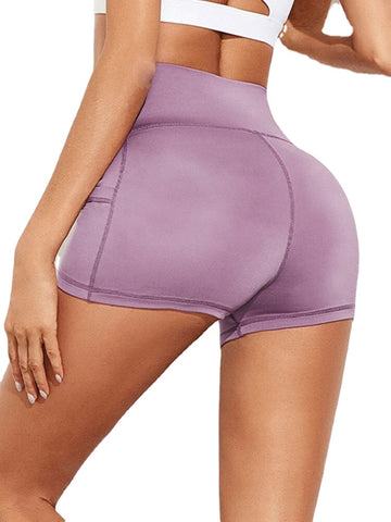 Solid Color Stitching High Waisted Stretch Running Yoga Pocket Short Leggings For Women