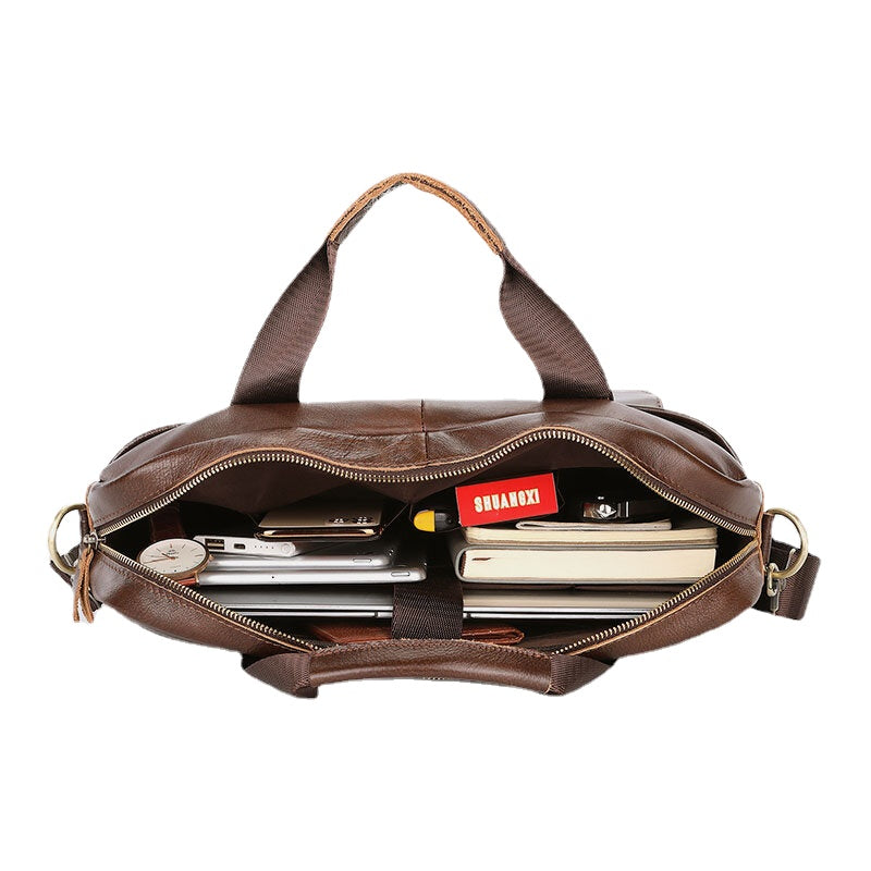 Men's Vintage Leather Laptop Bag 14" Multi-pocket Briefcase Crossbody Shoulder Handbag