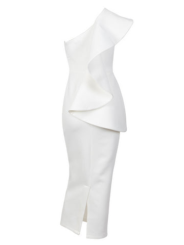 Love&Lemonade Sexy One-Shoulder Ruffled Trim Strapless  Slim Bodycon Party Dress LM9521 WHITE