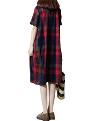 Plaid Button Pocket Lapel Short Sleeve Casual Midi Dress