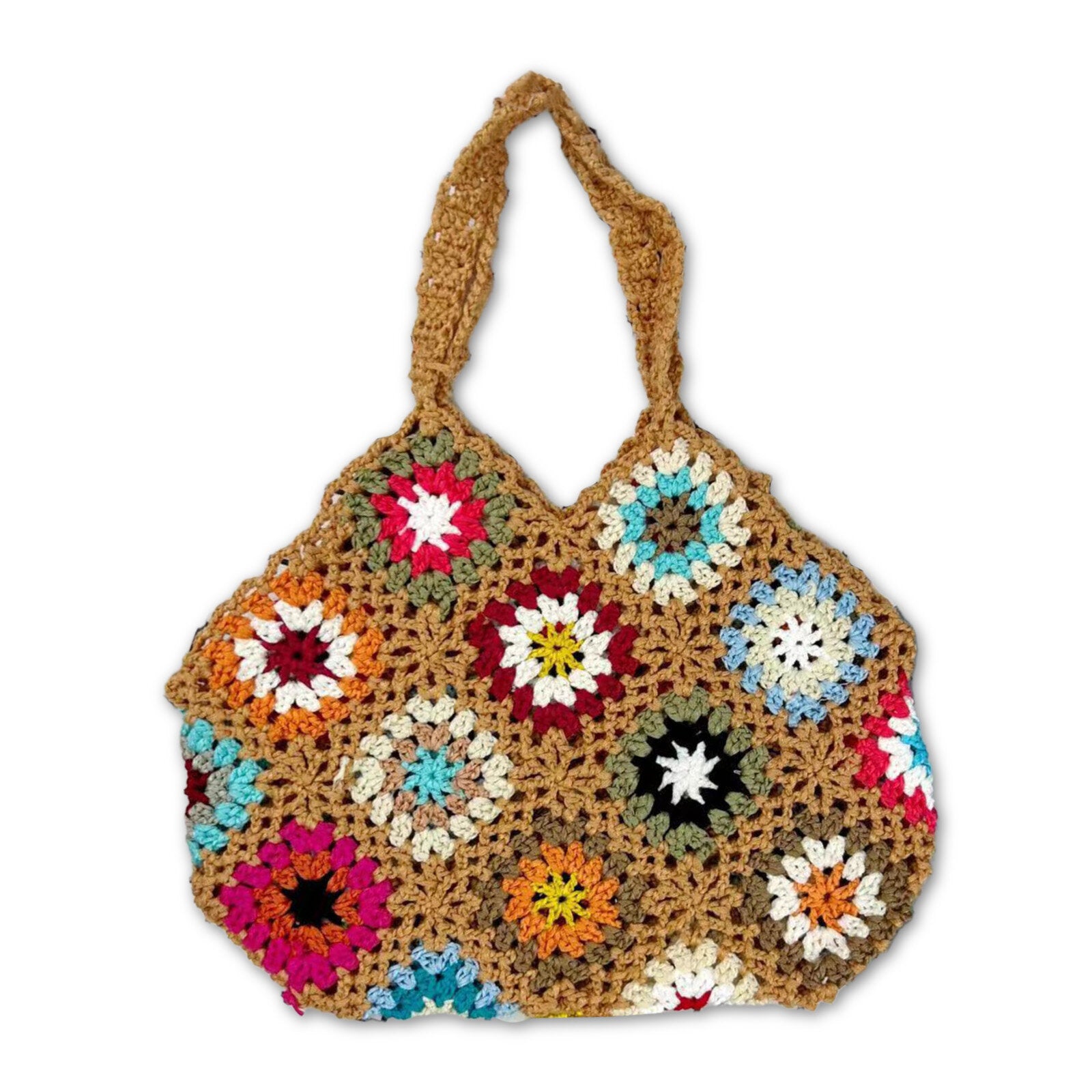 Women Handmade Crochet Ethnic Casual Handbag Mixed Floral Pattern Multifunctional Shoulder Bag Tote