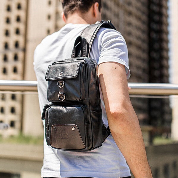 Men's Black Multi-Pocket Crossbody Chest Bag