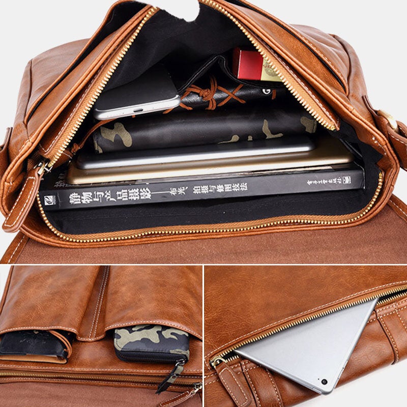 Men's Vintage PU Leather Waterproof Crossbody Bag, Multi-pocket, Large Capacity Shoulder Bag