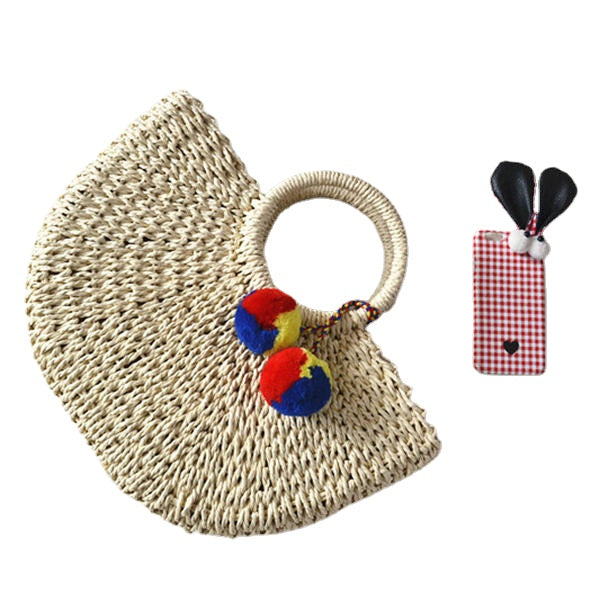 Women Casual Straw Handbag Woven Plush Ball Beach Bag