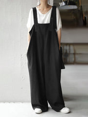 Women 100% Cotton Solid Adjusting Buckle Wide Leg Pocket Ankle Length Jumpsuit