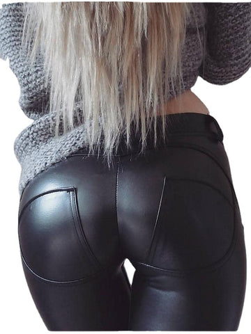Women's Fashion Leather Casual Elasticity Solid Color Pants