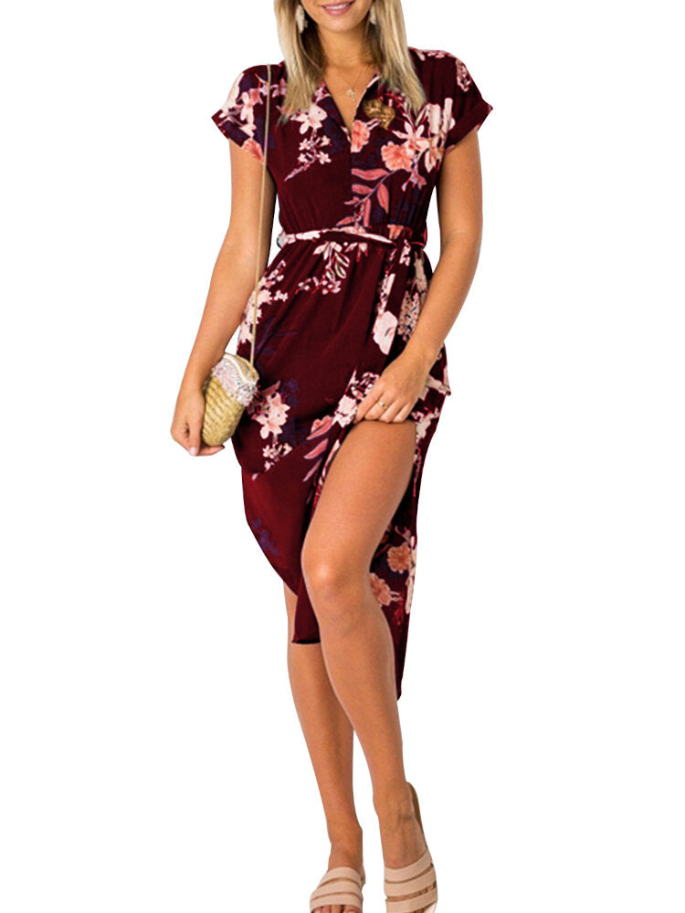 Non-Elastic V-Neck Floral Printed Split Casual Dress For Women