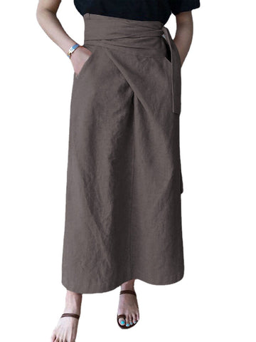 Women Cotton A-Line Casual Belted High Waist Maxi Skirts With Pocket