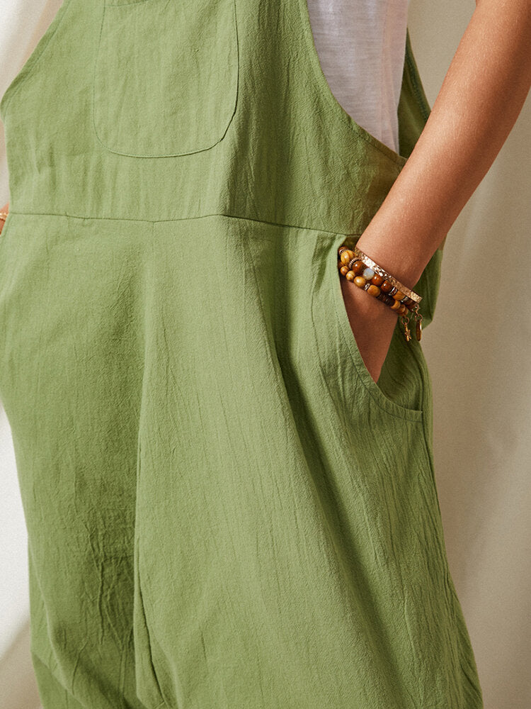 Solid Color Strap Button Pocket Sleeveless Loose Casual Harem Jumpsuit
