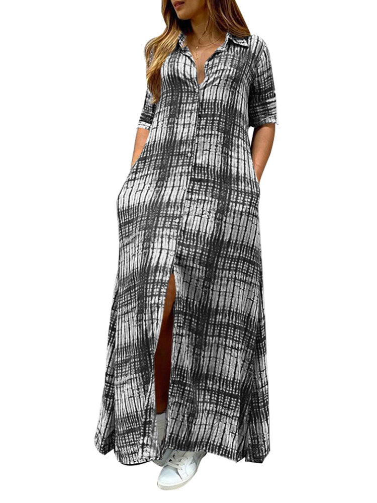 Women Plaid Casual Long Sleeve Printed Shirt Loose Dresses With Pocket