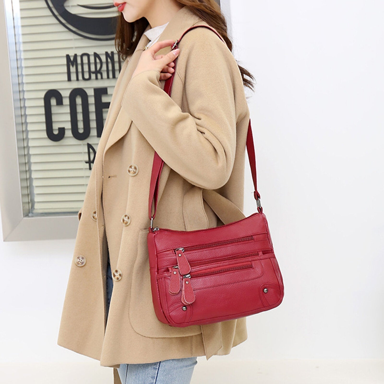 Women Artificial Leather Vintage Soft Lychee Pattern Crossbody Bag Large Capacity Multi-pocketed Shoulder Messenger