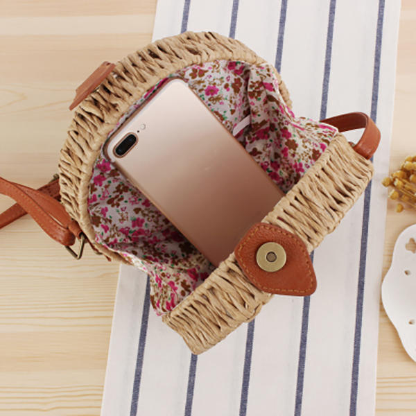 Women Round Woven Straw Crossbody Bag Solid Beach