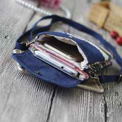 Women Denim Three Interlayers Flower Printing Mini Shoulder Bags Lace Crossbody 6.0'' Phone Bag