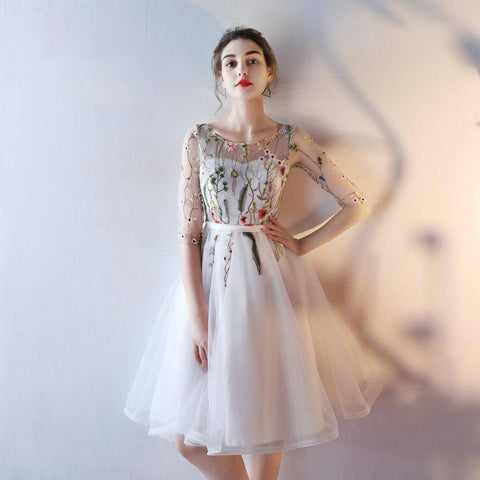 Flash Elegant Ladies' Embroidery Pattern Sheer Sleeve Lace Prom Dress