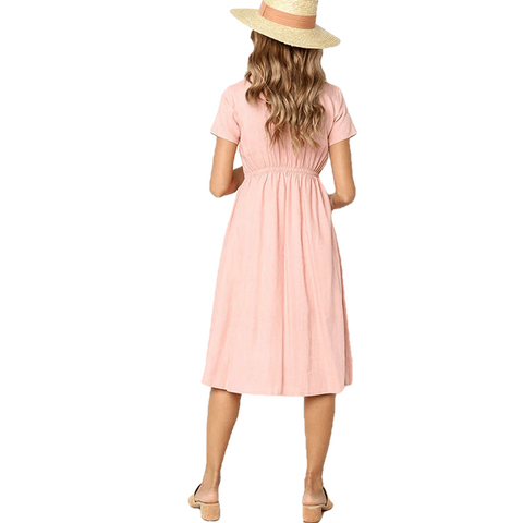 Pocket Cotton Short Sleeve Pink Midi Dresses
