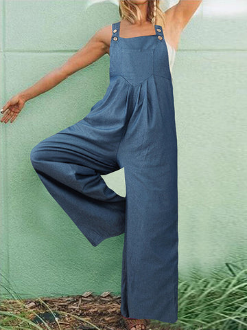 Women Solid Color Casual Loose Demin Wide Leg Jumpsuit with Pockets