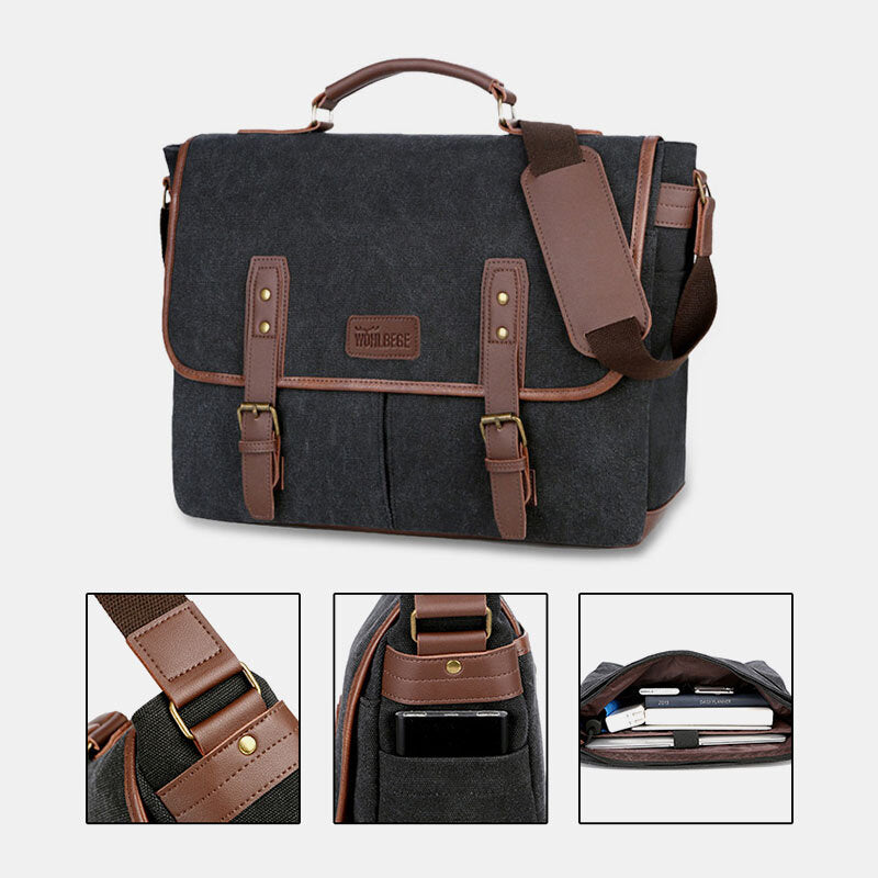Men's Vintage Canvas Multi-Pocket Wear-Resistant Business Messenger Laptop Crossbody Bag