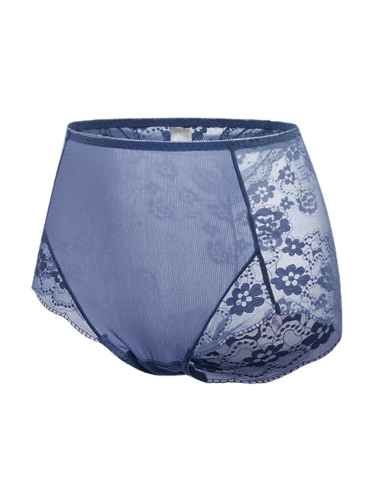 Plus Size Women Sheer Lace Floral Jacquard Breathable High Waist Panties