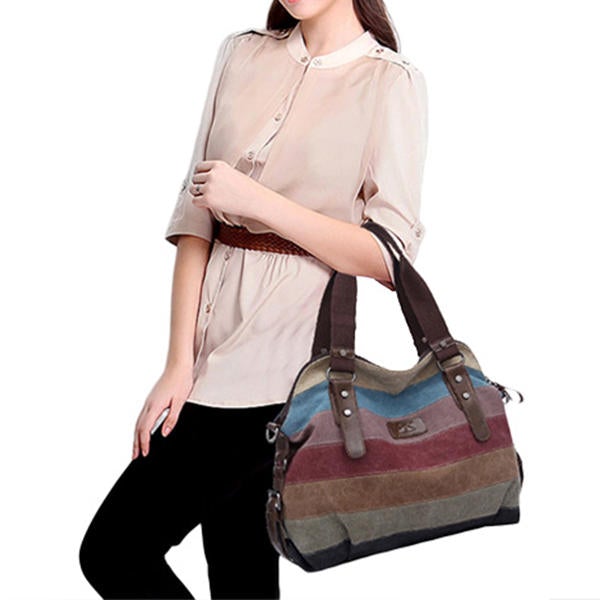 Women Stripe Canvas Handbag  Micro-Fibric Leather Shoulder Contrast Color Crossbody Bags