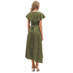 Elegant V Neck Wrap Sashes Dots Print Vintage Dresses - Sheseelady