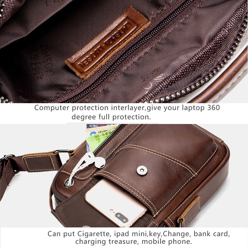 Men's Vintage Leather Crossbody Bag with Headphone Port & Multi-Pockets