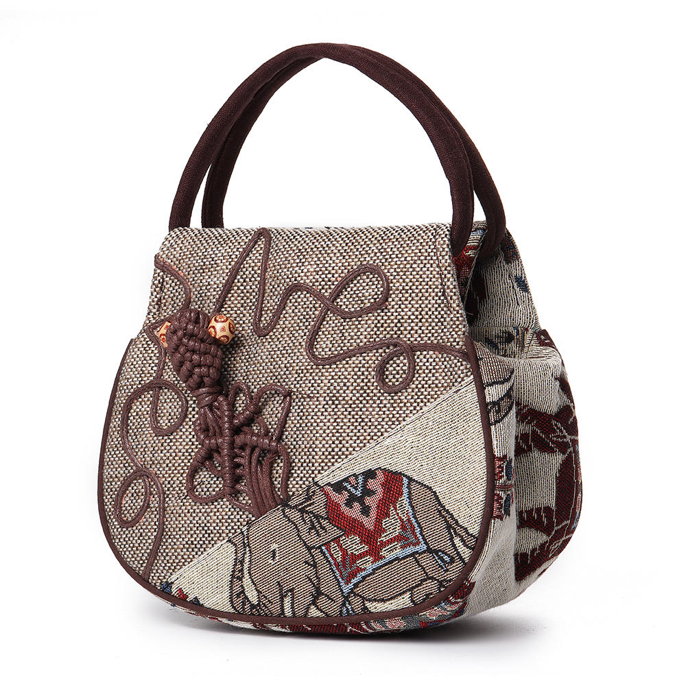 Women Ethnic linen Elephant Pattern Hand-woven Double Zipper Handbag