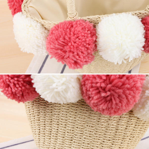 Women Travel Woven Beach Bag Cute Contrast Plush Ball Straw Handbag