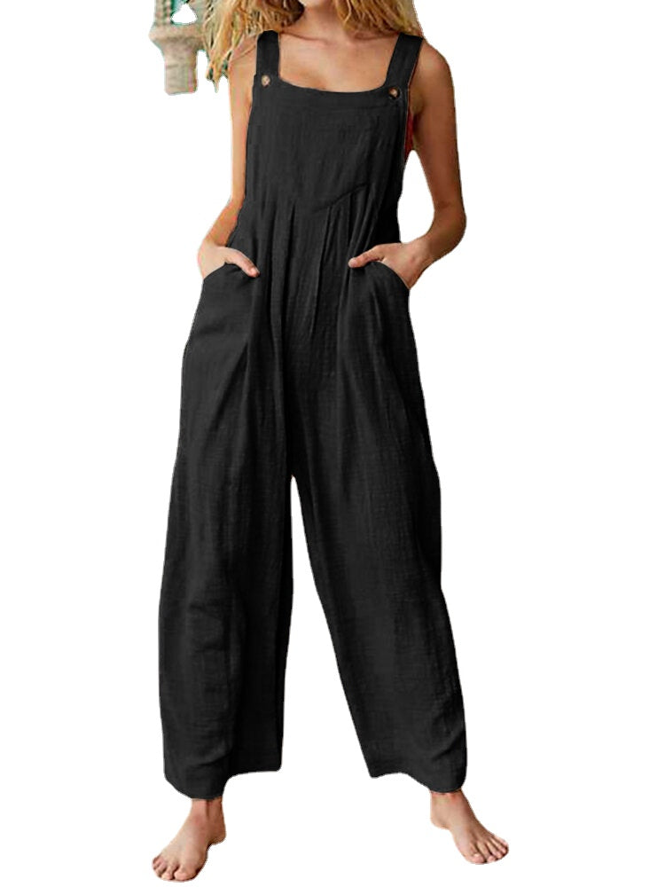 Solid Color Button Sleeveless Overalls Side Pocket Jumpsuit For Women