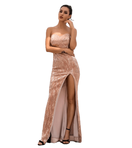 Love&Lemonade  Champagne Tube Top Cut Out Fish Tail Shaped Elastic Sequin Material Long Dress LM1055